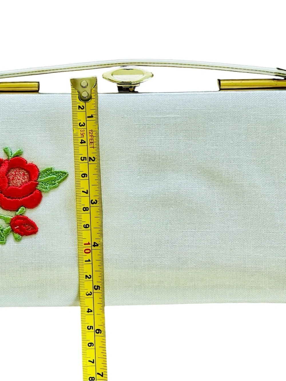 Vintage 50s White Linen Floral Rose Embroidered Clutch